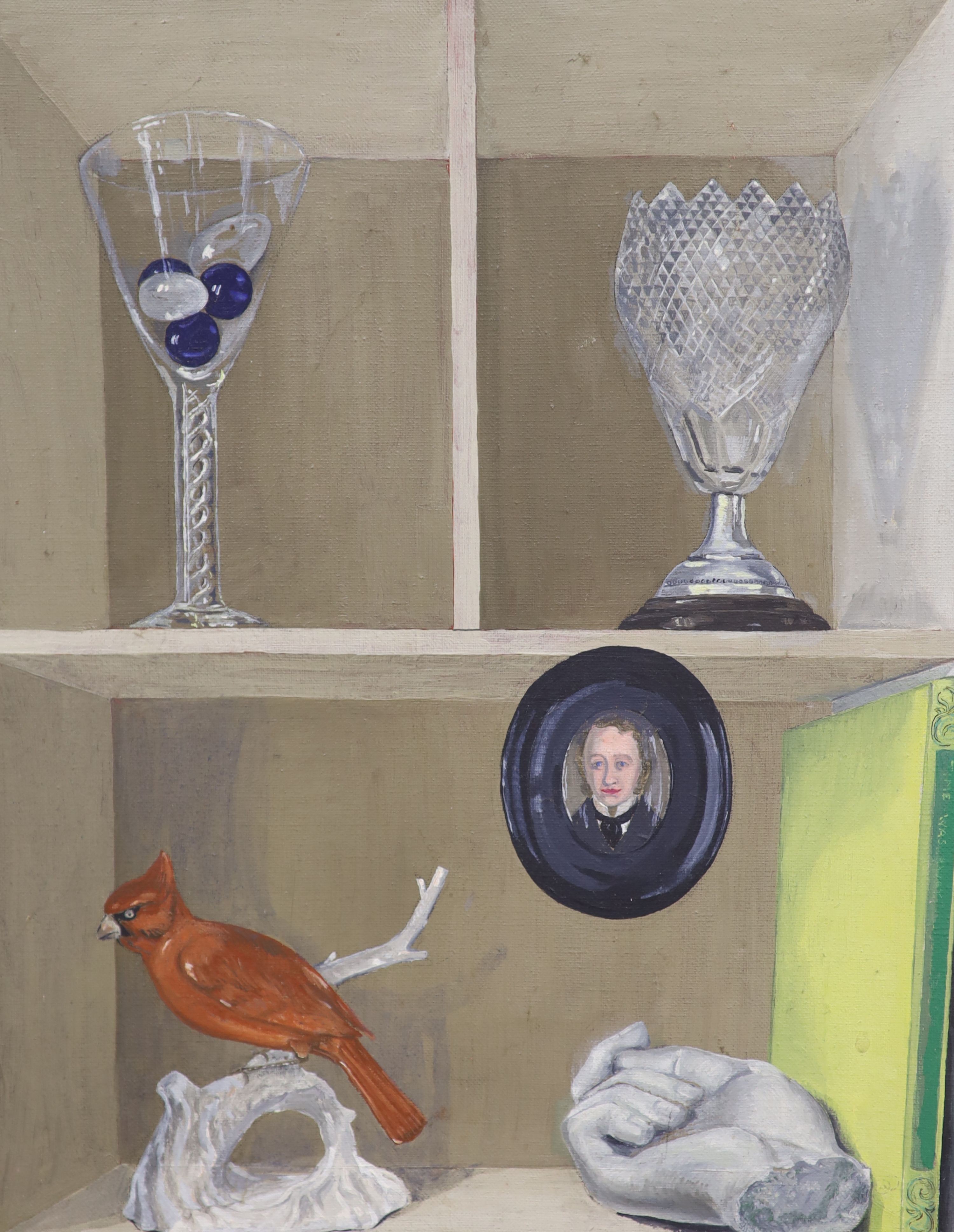 Modern British, oil on board, Study of flowers, 40 x 32cm and an unframed clin d'oeil still life, 51 x 41cm
